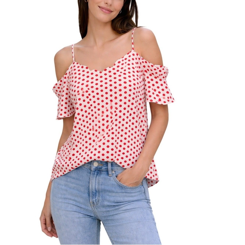 Monteau Red Polka Dot Scalloped Cold Shoulder Flirty Blouse Top Large